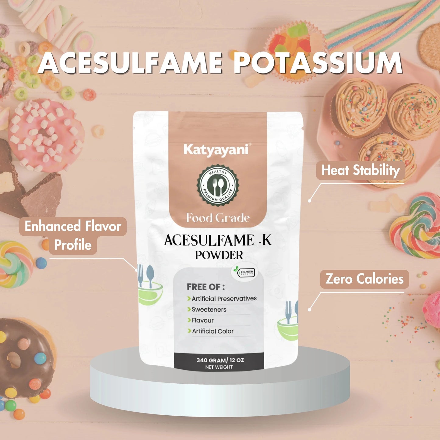 GGV Acesulfame Potassium Food grade 340gm (12oz) |Sugar-Free Sweetener for Cooking & Drinks Green Garden Vibes Grades