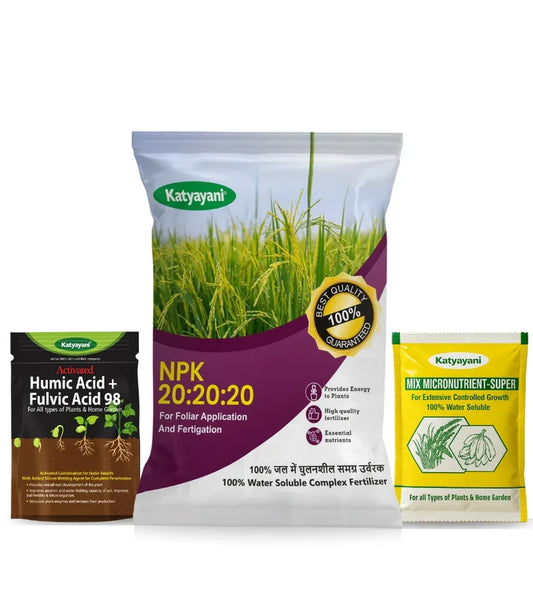 Katyayani NPK 20 20 20 100% Water Soluble Fertilizer for Home Lawn Garden| Plant Food for Flowers Vegetables Indoor Outdoor Plants| with 2 Sample Mix